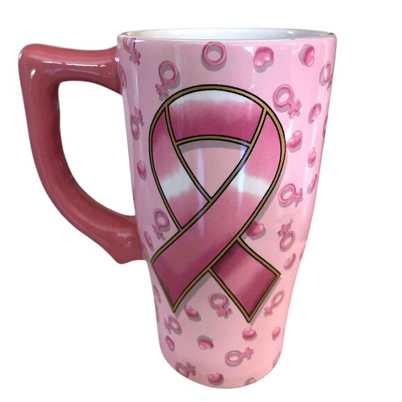 Spoontiques Pink Ribbon Find a Cure Ceramic Coffee Travel Mug with Plastic Lid - Picture 6 of 13
